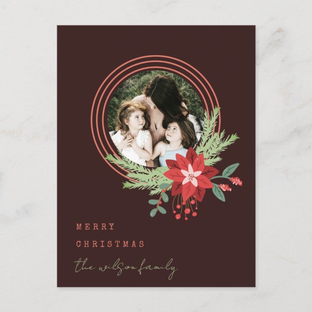 Cartão Postal De Festividades Foto do Círculo Vermelho Brown Poinsettia Feliz Na (Frente)