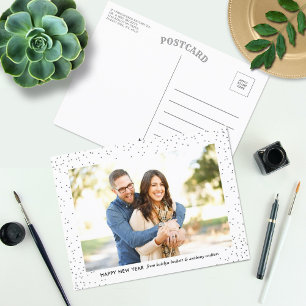 Cartão Postal De Festividades Foto do Feliz ano novo Glam Silver Confetti