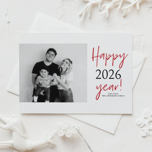 Cartão Postal De Festividades Foto do Feliz ano novo Modern Lettering 2025 (Send new year cheer with this customizable modern New Year Photo Postcard featuring mix typography.)