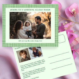 Cartão Postal De Festividades Foto do Natal Verde Chic Gingham 3