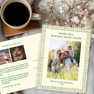 Cartão Postal De Festividades Foto do Natal Verde Chic Gingham 3