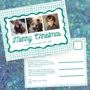 Cartão Postal De Festividades Foto do Natal Verde Gingham Wavy 3