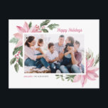 Cartão Postal De Festividades Foto do Quadro de Poinsettia Cor-de-Água Rosa<br><div class="desc">Feliz Férias! Envie cartões de natal para a família e amigos com este cartão postal de feriado botânico personalizável. Apresenta a ilustração aquosa das poinsettias,  bagas,  algodão e colas cor-de-rosa. Personalize adicionando fotos e seus próprios textos. Este cartão-postal cor-de-rosa para férias é disponibilizado numa variedade de estoques de cartão.</div>