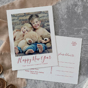 Cartão Postal De Festividades Foto do Retrato do Feliz ano novo Vermelho Minimal