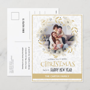 Cartão Postal De Festividades Foto Dourada de Natal da Poinsettia Moderna e Boni