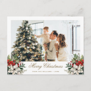 Cartão Postal De Festividades Foto Elegante Poinsettia Holly Red Berries