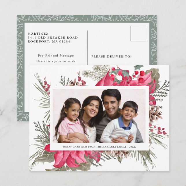 Cartão Postal De Festividades Foto Festiva Red Poinsettia Floral (Frente/Verso)