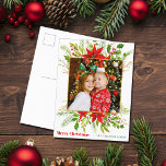 Cartão Postal De Festividades Foto Festiva Red Poinsettia Foral Crianças de Nata<br><div class="desc">Uma bela poinsettia vermelha floral com folha sagrada e praça dourada rodeia sua linda foto de família sobre o Feliz Natal. Crianças brilhantes e alegres fotografam cartões postais de férias com flores bonito e folhas em volta da sua foto quadrada.</div>
