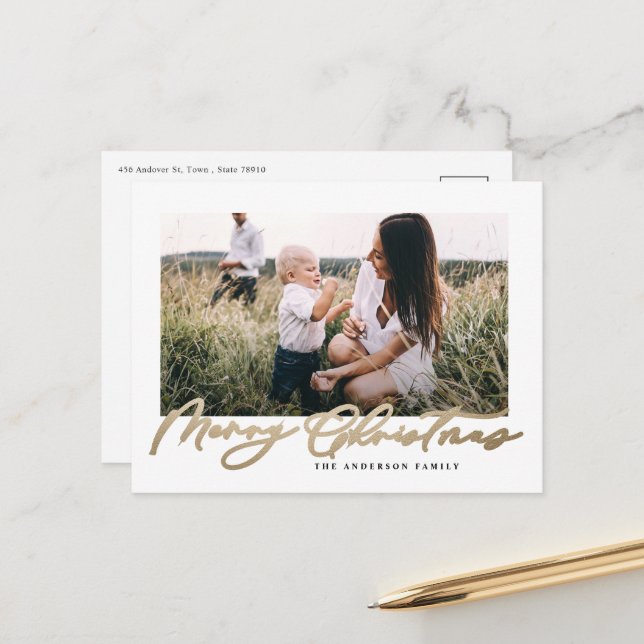Cartão Postal De Festividades Foto mínima moderna - Escrita elegante de Natal Ho (Frente/Verso In Situ)