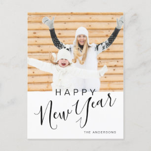 Cartão Postal De Festividades Foto Moderno de Feliz Ano Novo com Letra à Mão