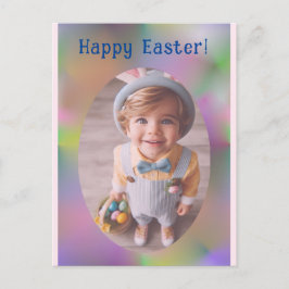 Cartão Postal De Festividades Foto Oval Personalizada Felz pascoa Azul Arco-Íris