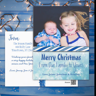 Cartão Postal De Festividades Foto personalizada Blue Candy Cane Natal