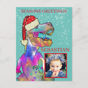 Cartão Postal De Festividades Foto personalizada de dinossauro do Papai Noel par