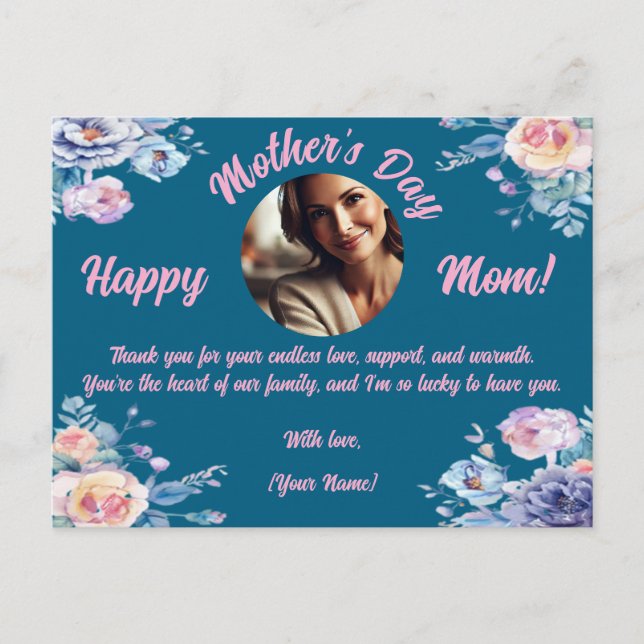 Cartão Postal De Festividades Foto personalizada Floral de Aquarela do Dia da Mã (Frente)
