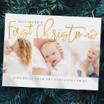 Cartão Postal De Festividades Foto simples e moderna de Natal do bebê<br><div class="desc">A design na frente consiste na tipografia cursiva lúdica de "Primeiro Natal". Adicione uma foto personalizada do seu novo bebê e adicione o nome do bebê e da família. Este design é moderno,  chique,  brincalhão e divertido.</div>