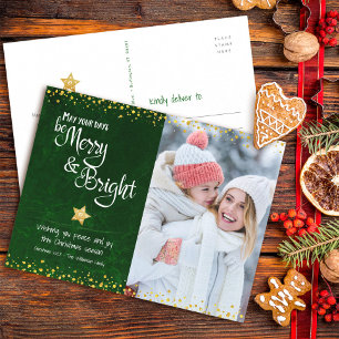 Cartão Postal De Festividades Foto Verde Alegre Brilhante Roteiro Estrela Brilho