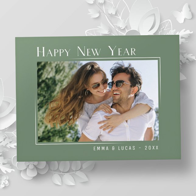 Cartão Postal De Festividades Foto Verde Elegante de Sage Simples feliz ano novo (Criador carregado)