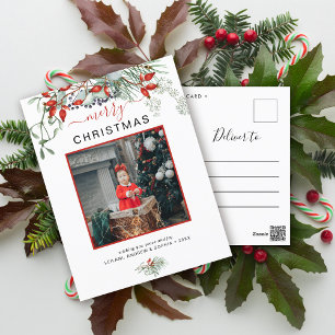 Cartão Postal De Festividades Fotos de Natal em Aquarela com Vegetação Minimalis