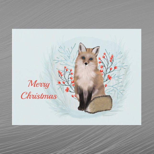 Cartão Postal De Festividades Fox Berries Watercolor de Natal (Criador carregado)
