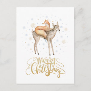 Cartão Postal De Festividades Fox Deer Winter Snow Feliz Natal