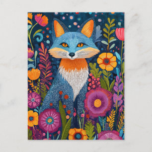 Cartão Postal De Festividades Fox Dot Art Vibrante Em Meio À Flora Esbuvada