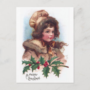 Cartão Postal De Festividades Frances Brundage: Rapariga de inverno com Holly