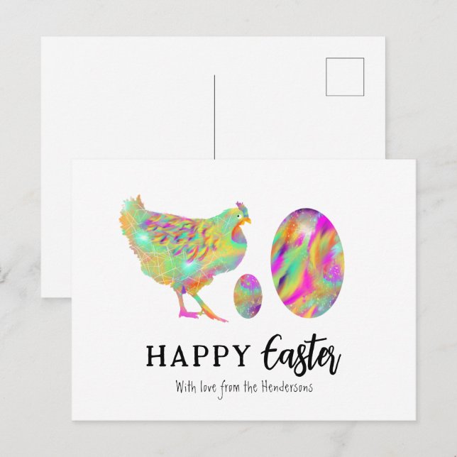Cartão Postal De Festividades Frango felz pascoa e ovos aquarela (Frente/Verso)