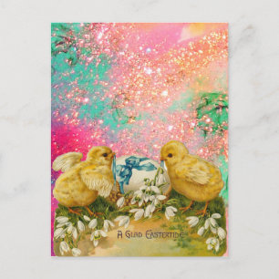 CARTÃO POSTAL DE FESTIVIDADES FRANGOS, NEVES E OVOS MAIS LEVES COM ARCO AZUL