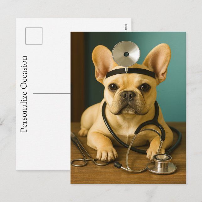 Cartão Postal De Festividades French Bulldog Doctor Puppy Gift Get Well Wishes (Frente/Verso)