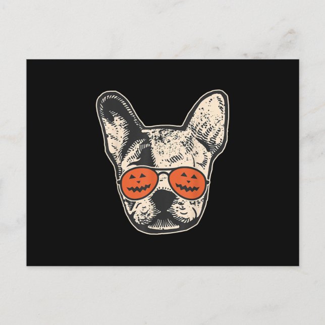 Cartão Postal De Festividades Frenchie em óculos de abóbora de Halloween Bulldog (Frente)