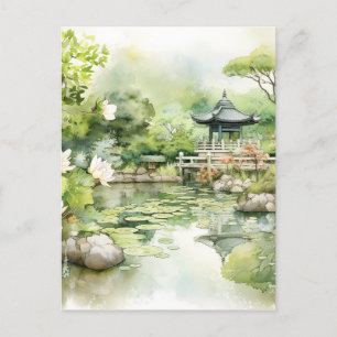 Cartão Postal De Festividades Fundo de Paisagem Japonês com Aquarela