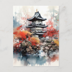Cartão Postal De Festividades Fundo de Paisagem Japonês com Aquarela