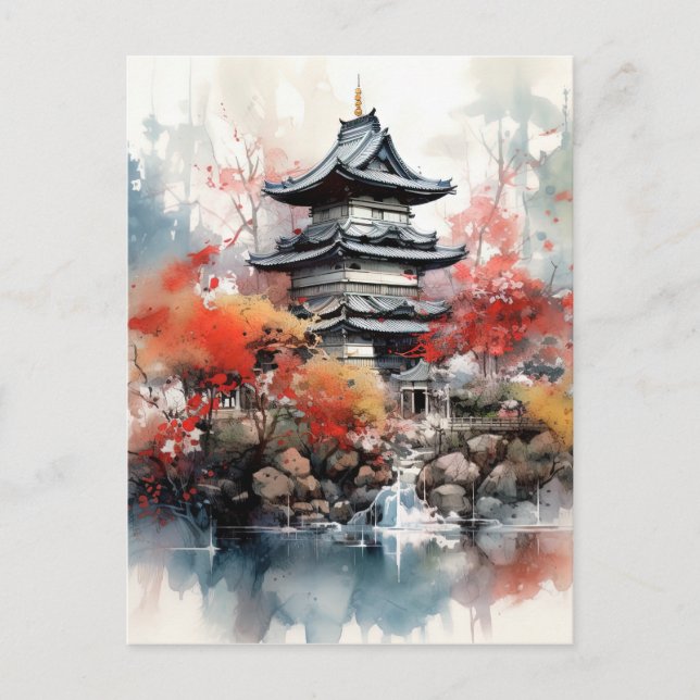 Cartão Postal De Festividades Fundo de Paisagem Japonês com Aquarela (Frente)