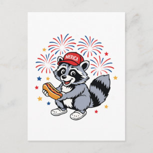 Cartão Postal De Festividades Funny Raccoon 4 De Julho Patriótico Vermelho Verme