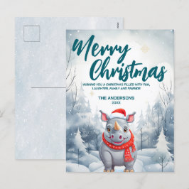 Cartão Postal De Festividades Funny Rhino Merry Xmas árvore de neve Festa de Nat