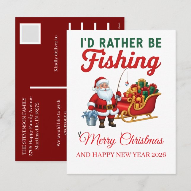 Cartão Postal De Festividades Funny Santa Fishing Christmas 2025 Elegant Script  (Frente/Verso)