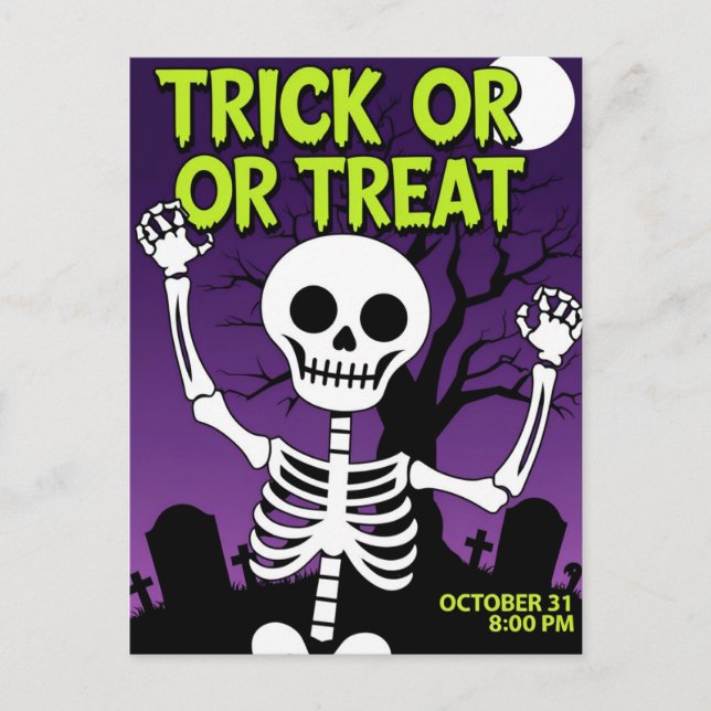 Cartão Postal De Festividades Funny Skeleton Trick or Treat Party (Frente)