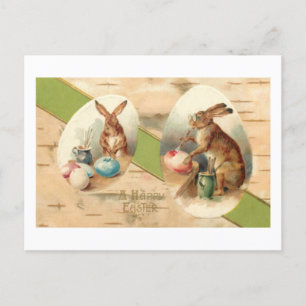 Cartão Postal De Festividades Funny Vintage Bunnies pintando ovos de Páscoa