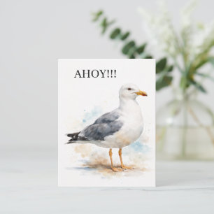 Cartão Postal De Festividades Gaivota Ave Oceano Praia Aquarela Náutica