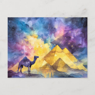 Cartão Postal De Festividades Galáxia do Deserto em Aquarela Camelo Pirâmide Via