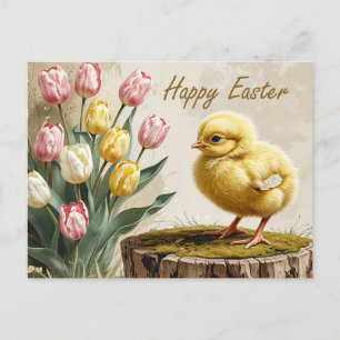 Cartão Postal De Festividades Galinha de felz pascoa com Tulipas
