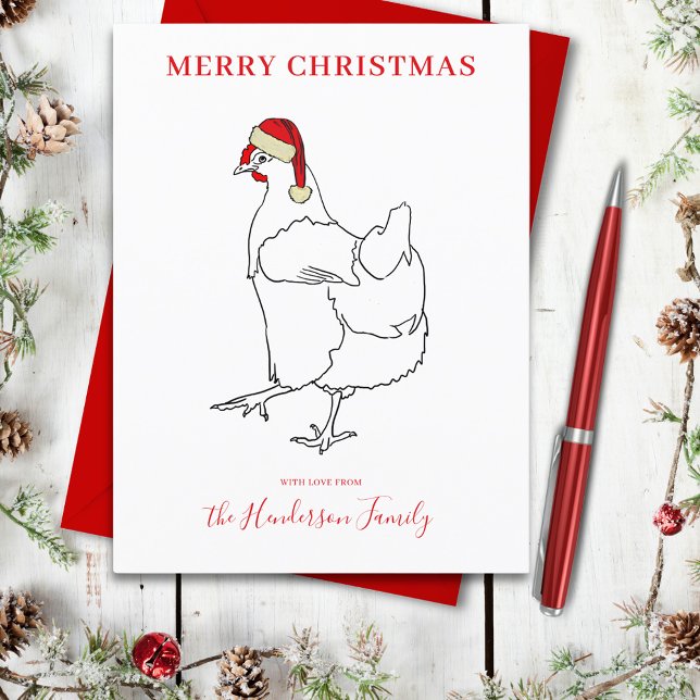 Cartão Postal De Festividades Galinha vestindo um chapéu de Papai Noel personali (Cute chicken merry Christmas farm hen line art simple drawing personalized holiday greetings card)