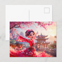 Garota Cômica Dançando com Blossomas de Cereja em 