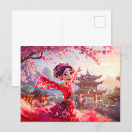 Cartão Postal De Festividades Garota Cômica Dançando com Blossomas de Cereja em 