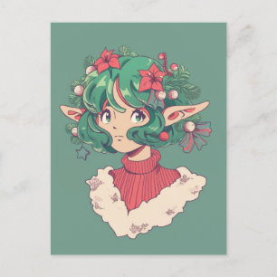 Cartão Postal De Festividades Garota de Animação de Poinsettia Elf Feriada de Na