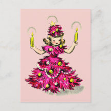 Garota de árvore de Natal rosa retrô fofa