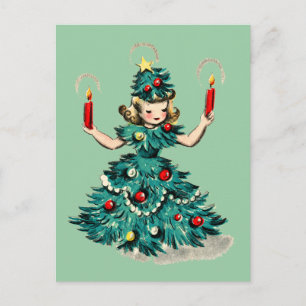 Cartão Postal De Festividades Garota de árvore de Natal vintage retrô fofa