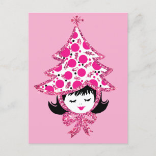 Cartão Postal De Festividades Garota de Natal Rosa Retro Fofa com Chapéu de Árvo