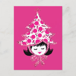 Cartão Postal De Festividades Garota de Natal Rosa Retro Fofa com Chapéu de Árvo