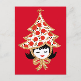 Cartão Postal De Festividades Garota de Natal Vintage Fofo com Chapéu de Árvore